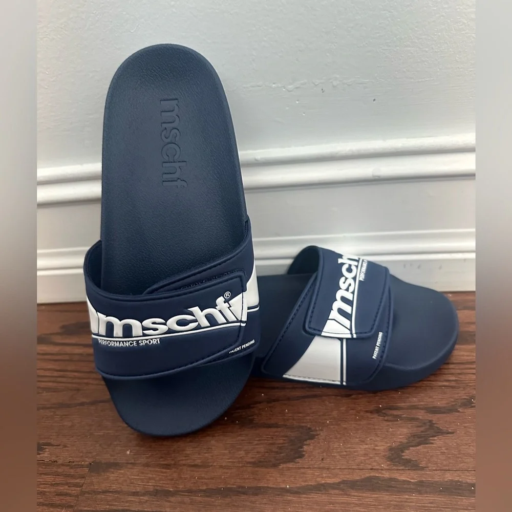 New With Tags (NWT) MSCHF Navy and White Slides